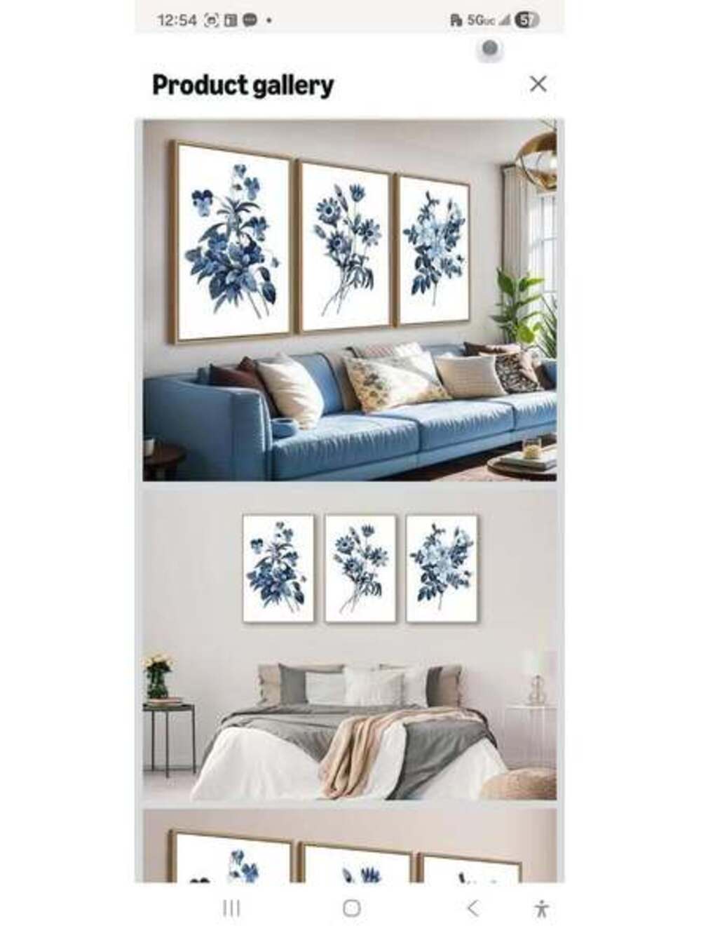 Blue Botanical Floral Wall Art Set of 3